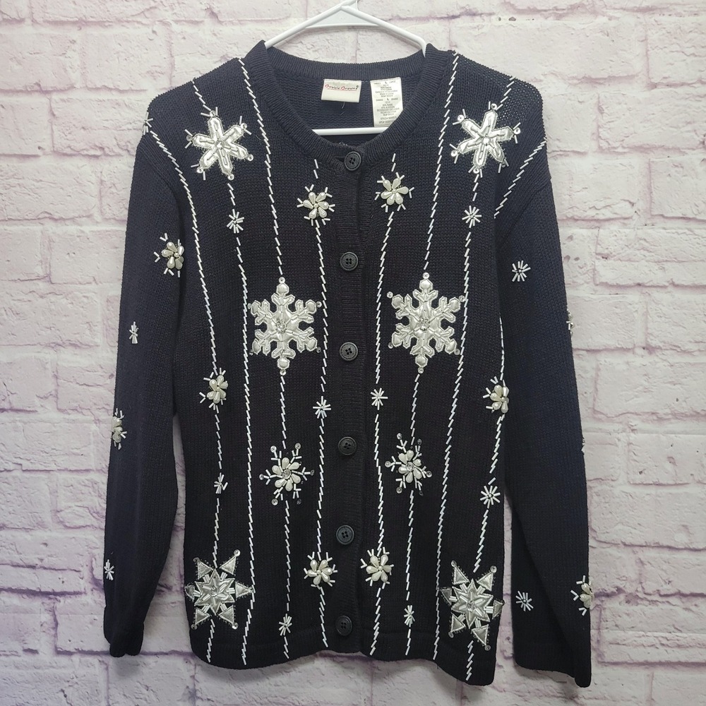 VTG Bobbie Brooks Snowflake Beaded Cardigan Sweater Womens L Winter Holiday Knit